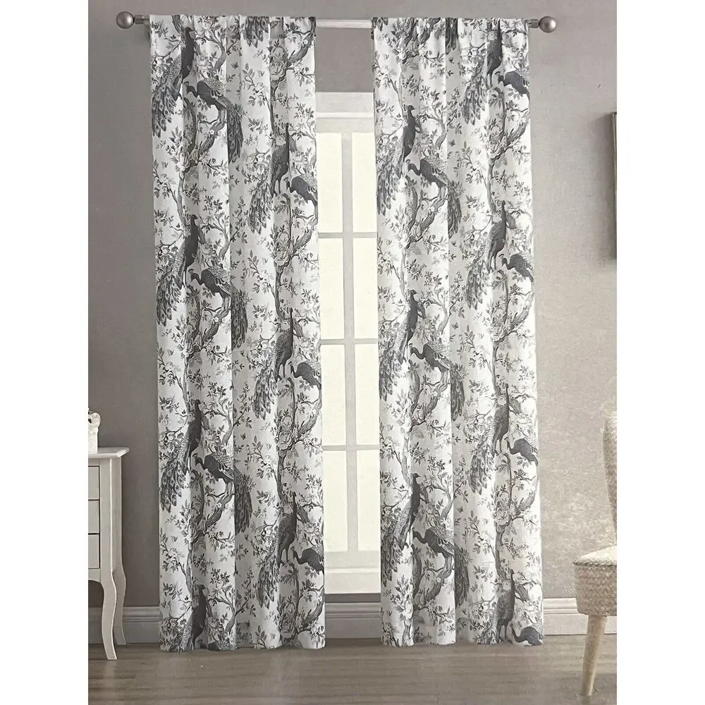 Laura Ashley Belvedere Peacock Curtains 2 Panels Navy Blue Green Ivory 38”x 96”